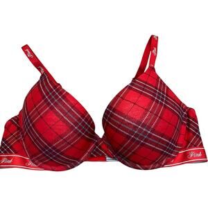 Victorias Secret Pink Wear Everywear Push Up Bra 36C Red Plaid Logo Holiday Wire